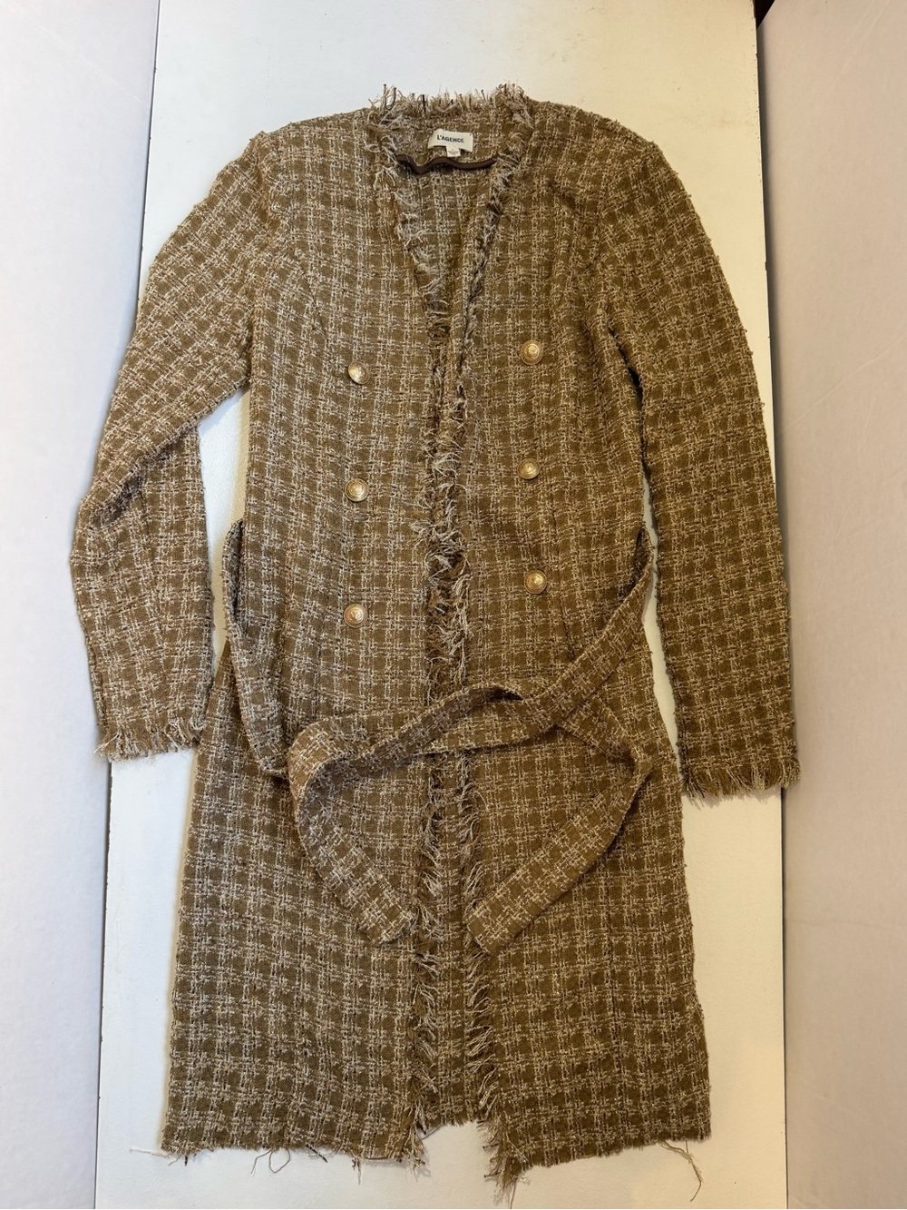 L'Agence Oakley Double-Breasted Belted Tweed Coat in Dark Camel 2
